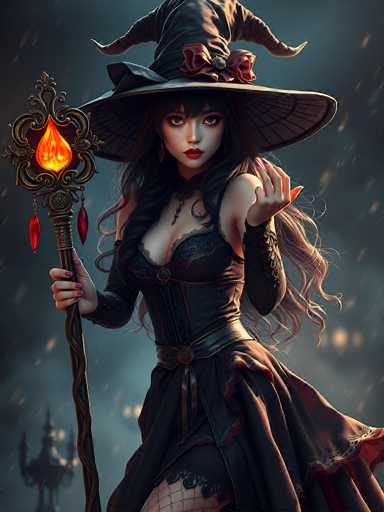 This image features a detailed, computer-generated depiction of a young woman with long, dark hair, styled in a gothic, witch-like fashion. She wears a large, wide-brimmed witch's hat adorned with a red bow and a silver clasp. Her attire includes a revealing black corset with lace details, a black dress, and fishnet stockings. She has red lipstick and red fingernails, adding to her striking appearance. In her right hand, she holds a staff topped with a glowing, fiery flame, while her left hand is raised, palm up, as if casting a spell. The background is dark and smoky, with hints of a castle or church spire, enhancing the mystical and eerie atmosphere of the scene.