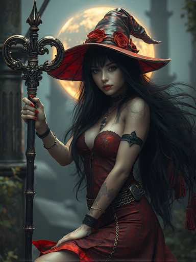 The image depicts a young woman with long, flowing black hair, dressed in a striking red corset-style dress that accentuates her figure. She is adorned with a large, ornate witch's hat, black with red roses encircling the brim. In her right hand, she holds a tall, intricately designed staff, featuring a fleur-de-lis at the top and a pointed spear-like end. Her nails are painted red, matching her dress, and she wears a black belt with a silver buckle, along with a silver chain that drapes from her waist. A black armband is visible on her left arm, and she has tattoos on her left hand and forearm. The background is a dark, foggy night with a large, glowing yellow moon partially obscured by her hat, adding to the mystical atmosphere of the scene.