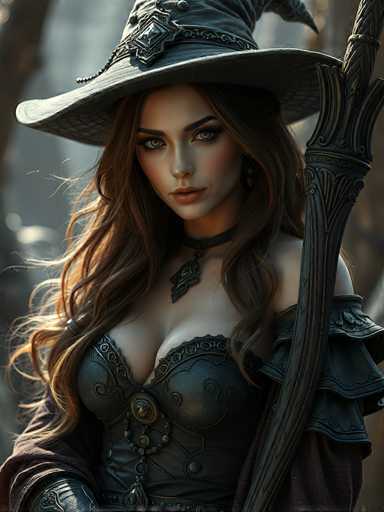 This image depicts a highly detailed, computer-generated rendering of a young woman, likely in her 20s, embodying a blend of fantasy and medieval themes. She has long, wavy brown hair cascading past her shoulders and striking green eyes. Her attire is a dark, leather-like corset with intricate gold accents, complemented by a choker necklace adorned with a leaf-shaped pendant. She wears a wide-brimmed witch's hat, gray in color, featuring a diamond-shaped brooch on the front. Her right arm is adorned with a leather glove, and she holds a large, ornate staff with a pointed top, resembling a tree branch. The background is blurred, suggesting an outdoor setting with trees, enhancing the focus on her detailed and fantastical appearance.