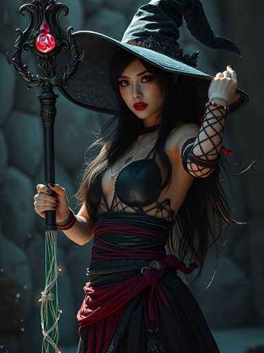 This photograph features a young Asian woman, likely in her late teens or early twenties, dressed in an elaborate Halloween witch costume. She has long, dark hair cascading down her shoulders and is adorned with striking red lipstick. Her outfit includes a large, black witch's hat with a wide brim, which she holds with her left hand, causing the brim to tilt slightly to the side. She wears a black leather corset with a fishnet design around her arms and a red sash tied around her waist. In her right hand, she holds a tall, ornate black staff, topped with a glowing red crystal. The background is blurred, revealing a stone wall, adding to the mystical atmosphere of the scene.