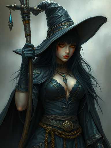 The image depicts a woman dressed as a witch with long dark hair and a pointed hat. She is holding a staff adorned with blue jewels and wearing a corset that accentuates her figure. The background is a light gray color, providing a stark contrast to the woman's dark attire.
