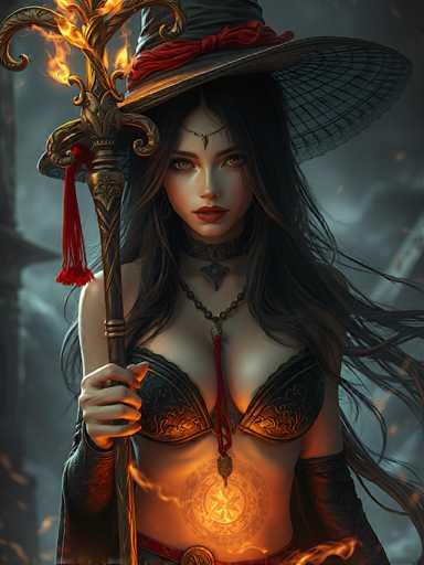 This image depicts a striking, AI-generated fantasy character of a young woman with long, flowing black hair. She is adorned in a dark, gothic style, wearing a black brassiere and a large, wide-brimmed witch's hat with a red ribbon tied around it. Her outfit is completed with leather gloves that extend to her elbows and a glowing belt at her waist. The character's face is accentuated with red lipstick and a jewel on her forehead, and she has piercing yellow eyes. She holds a staff or scepter in her right hand, which is engulfed in flames, with red tassels hanging from it. A glowing symbol is visible on her stomach, adding to her mystical aura. The background is a dark, smoky gray, enhancing the overall eerie and enchanting atmosphere of the scene.