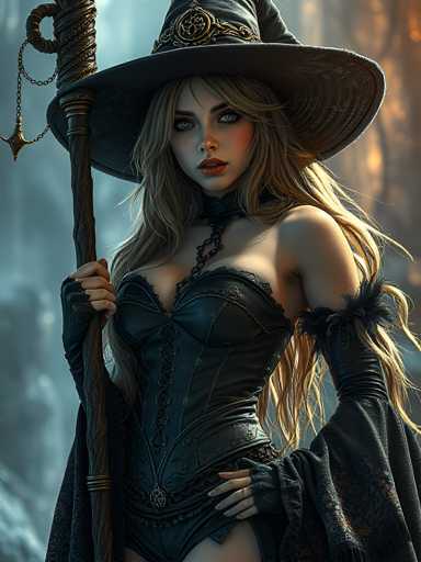 A woman dressed as a witch stands against a dark blue background with her hair styled in loose waves and wearing a black corset and hat. She holds a staff in one hand and a wand in the other.