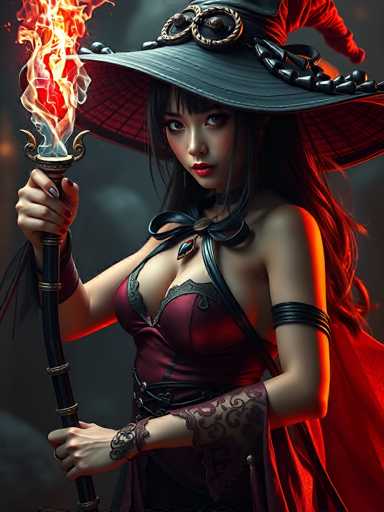 The image depicts a highly detailed, computer-generated or AI-generated artwork of a young Asian woman, likely in her early 20s, dressed in an elaborate witch costume. She has long, dark hair and is wearing a large, black witch's hat adorned with a gold band and black stones. Her outfit consists of a low-cut, red dress with black trim, complemented by a black choker necklace featuring a large blue gemstone. She also wears a black leather strap around her neck and a black leather armband on her left arm. Her right arm is adorned with a lace sleeve that extends from her elbow to her wrist, and she has a black leather bracelet on her right wrist. In her right hand, she holds a black staff with a gold top, from which red and yellow flames are emanating. The background is a dark gray, enhancing the vividness of her attire and accessories.