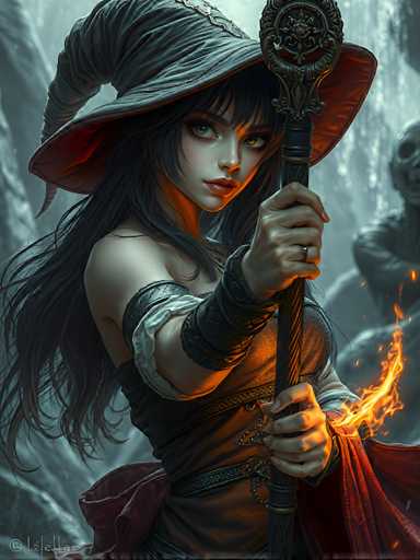 The image depicts a striking anime-style witch with long, flowing black hair and bangs that partially obscure her blue eyes. She is adorned in a distinctive witch's hat, which features a pointed top and a wide brim that extends outward, with a red lining visible inside. The witch is dressed in a brown dress with a white sleeve, complemented by a red cape that drapes over her shoulders. She wears a ring on her left hand, which is gripping a staff that emits a fiery glow at the top. The background is a dark, shadowy forest, adding to the mystical atmosphere. In the bottom left corner of the image, there is a copyright symbol followed by the name "L-Z-E-L-L-A."