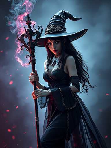 The image depicts a striking, AI-generated female witch with long, dark hair cascading down her back. She is adorned in a black witch's hat, which features a silver band at the base and a pointed tip. Her attire includes a black dress with a white collar and a low-cut neckline, complemented by black armbands and a chain that drapes from her shoulder to her wrist. The witch's pale skin contrasts with her dark outfit, and she wears red lipstick. She holds a black staff with intricate, curly designs and a pointed top, from which pink and blue flames emanate. The background is a smoky blend of gray and blue hues, with scattered red dots adding to the mystical atmosphere. The witch gazes off to the right, her expression enigmatic and captivating.