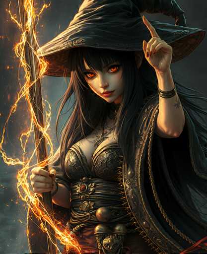This image features a striking anime-style witch character with a captivating and enigmatic presence. She has long, flowing black hair that cascades down to her chest, partially obscuring her face. Her bangs frame her forehead, and her eyes are a mesmerizing shade of orange, adding an otherworldly allure to her appearance. Her lips are painted a vivid red, contrasting sharply with her pale skin.

She is adorned in a large, black witch's hat that sits atop her head, casting a shadow over her right eye. The hat is pointed at the top and has a wide brim, enhancing her mysterious aura. Her outfit consists of a black cloak that drapes elegantly over her shoulders, adding to her dark and enigmatic look.

Her attire includes a distinctive brass bra that accentuates her figure, paired with a matching brass belt that cinches at her waist. The belt is adorned with intricate designs, including a prominent round ball at its center, adding a touch of ornate detail to her ensemble.

In her right hand, she holds a staff that emits a brilliant orange glow, with tendrils of light swirling around it, suggesting magical energy. Her left hand is raised, with her index finger pointing upwards, as if she is casting a spell or giving a command.

The background of the image is a muted gray, which serves to highlight the vivid details of the witch character. The overall composition and intricate details of her costume and accessories create a visually stunning and atmospheric portrayal of this enchanting witch.