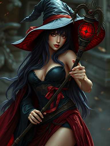 The image depicts a highly detailed, computer-generated or AI-generated artwork of a young woman with long, flowing black hair and striking red eyes. She is dressed in a provocative, witch-like outfit that includes a large, wide-brimmed hat with a red ribbon around its base. The hat's brim is predominantly red with black accents. Her attire features a low-cut, black leather corset with a red bow at the front, and a short skirt that reveals her legs. She also wears a red cape that drapes over her shoulders and extends down to her knees. The woman is holding a long, ornate staff with both hands. The staff has a red orb at the top, encased in a black frame, and is adorned with intricate metalwork and feathers. The background is blurred, emphasizing the woman as the central focus of the image.