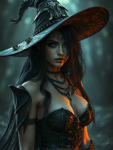 The image depicts a striking, AI-generated witch character set against a dark, blurred forest background. The witch, with long, flowing black hair, is adorned in a large, ornate black witch's hat featuring a prominent buckle and a chain hanging from the brim. Her pale skin contrasts sharply with her intense, light blue eyes and full lips. She wears a black leather corset with intricate buckles and a strap over her right shoulder, complemented by a black leather glove. Around her neck, she sports multiple black necklaces, one of which has a pendant. A gold medallion rests on her forehead, adding to her mystical appearance. The overall scene is shrouded in darkness, with the witch's detailed attire and piercing gaze being the focal points of the image.