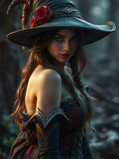 This image portrays a striking young woman, likely in her early 20s, with long brown hair cascading down her back. She is adorned in a large, black witch's hat embellished with two red roses on the left side. Her attire is a dark red dress with intricate black and gold trim, featuring a low-cut neckline and long sleeves that extend to her elbows. The dress is further accentuated by a black cape draped over her shoulders. She has fair skin, brown eyes, and red lips, and her expression is serious as she gazes directly at the camera. The background is a blurred, dark forest, adding to the mysterious and enchanting atmosphere of the scene.