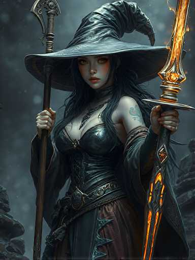 The image depicts a striking female character, possibly from a video game or an anime. She stands confidently, adorned in a black leather corset that accentuates her figure, paired with a flowing black skirt. Her long, dark hair cascades down, complementing her large, witch-like hat that features a pointed tip and a wide brim. She holds a staff in her right hand, which is topped with a crescent moon, and a glowing, fiery sword in her left hand. Her eyes are a mesmerizing shade of orange, and she wears a necklace that adds to her mystical appearance. A tattoo is visible on her left shoulder, and she has a distinctive piece of fabric wrapped around her left bicep. The background is a dark, smoky gray, with hints of rocks on either side, enhancing the dramatic and enchanting atmosphere of the scene.