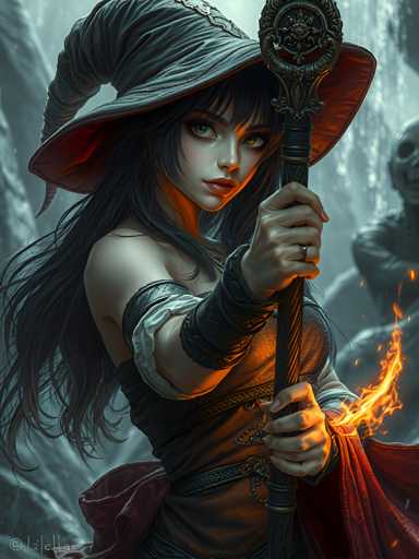 A woman with long dark hair is depicted holding a wand and dressed in a black dress with red accents. She has a serious expression on her face as she gazes directly at the camera. The background features a forest setting with trees and a fire burning brightly behind them.