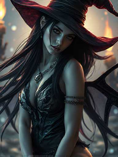 The image portrays a striking, computer-generated female character with long, flowing black hair and a pale complexion. She is adorned in a large, wide-brimmed witch's hat that is black with red accents, and her head is tilted slightly to the right. Her attire includes a black corset-like top with intricate gold and silver designs, and she wears a necklace with a circular pendant. A leather armband is wrapped around her upper arm. The character's expression is serious, with her mouth slightly open, revealing her teeth. She has a distinctive black wing extending from her back. The background is a blurred mix of gray and white hues, with indistinct flames and fire-like elements, adding to the mystical and enchanting atmosphere of the scene.