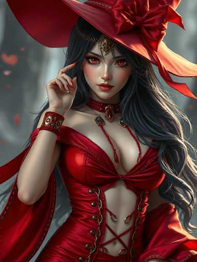 This image features a striking, computer-generated female character set against a dark, grayish background. The character has long, flowing black hair and captivating red eyes. She is adorned in a vibrant red dress that reveals her midriff, with intricate gold buttons and straps adding a touch of elegance. A matching red choker with a prominent red jewel graces her neck, complementing her overall ensemble. Her right hand is raised, with her index finger gently touching her cheek, adding a sense of mystery and allure to her pose.