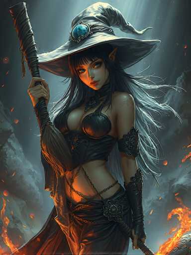 The image depicts a highly detailed, computer-generated fantasy character of a young woman with a striking appearance. She has long, flowing black hair with bangs and pointed ears, suggesting an elven or fantasy race. Her attire includes a black, strapless bra that reveals her cleavage and a matching black skirt. She also wears a distinctive witch's hat adorned with a large blue jewel at the front. Her accessories include black leather arm guards and a chain that wraps around her waist and upper thigh. In her right hand, she holds a large staff wrapped in leather, while her left hand grips a sword. The background is filled with dark, smoky clouds and fiery elements, enhancing the dramatic and intense atmosphere of the scene.