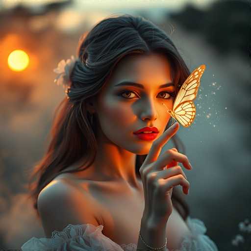 This AI-generated image features a young woman with long, dark brown hair styled in a half-up, half-down manner, adorned with a white flower on the left side. She has striking brown eyes, red lipstick, and is wearing a white, lacy dress with puffy sleeves that reveals her shoulders. The woman is holding a large, golden butterfly with intricate white and brown patterns on its wings, which appears to be emitting magical dust. Her right hand is raised, with her index finger extended to support the butterfly. She is looking directly at the camera, and the background is a blurred mix of gray and orange hues, with a bright yellow sun visible in the top left corner. The overall scene is bathed in a warm, glowing light, enhancing the ethereal quality of the image.