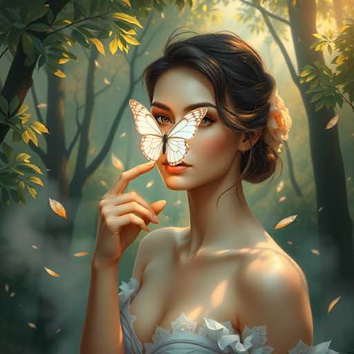 The image portrays a highly realistic, AI-generated or digitally painted scene of a young woman standing in a forest. She has dark brown hair styled in a bun adorned with a white and orange flower, and her makeup includes red lipstick and brown eyeshadow. The woman is wearing a strapless white dress with a floral design, and her bare shoulders are visible. She is positioned with her body facing left, but her head is turned towards the viewer, with her eyes gazing directly at us. Her right hand is raised to her lips, with her index finger touching her bottom lip, and a large white butterfly with brown trim and black accents rests on her nose. The background features a forest with tall trees, some of which are bare while others have green leaves, and the ground is covered in a misty fog. Yellow and orange leaves are scattered around her, adding to the autumnal atmosphere. The overall scene is bathed in a soft, yellow light, enhancing the ethereal quality of the image.