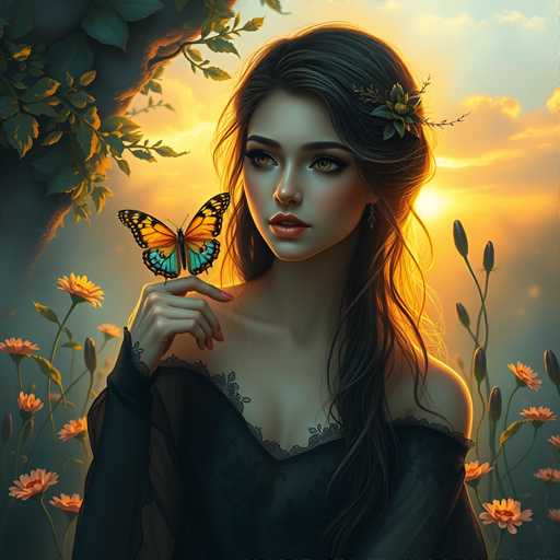 A woman with long brown hair is holding a butterfly on her finger. She is wearing a black dress and has a flower in her hair. The background features trees and flowers, creating an impression of a natural setting.