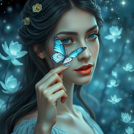 This image is a detailed, computer-generated illustration of a young woman with long, dark brown hair adorned with yellow flowers. She has striking blue eyes and is wearing a light blue dress with a white, lacy collar. The woman is holding a large, blue butterfly with black-tipped wings and black legs between her thumb and index finger, which are painted blue. The butterfly's wings are spread wide, partially obscuring her right eye. The background features a dark, starry night sky with white stars and numerous white lotus flowers, creating a mystical and enchanting atmosphere. The overall scene is rich in detail, with the woman's pale skin and the intricate elements of her attire and surroundings contributing to the ethereal quality of the image.