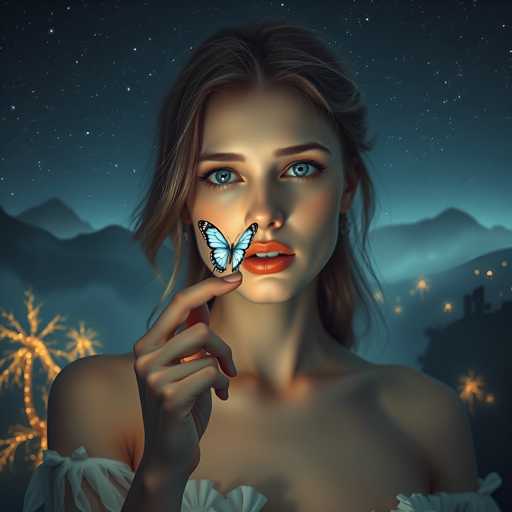 A woman with blonde hair is holding a blue butterfly on her finger against the backdrop of a starry night sky and mountains.