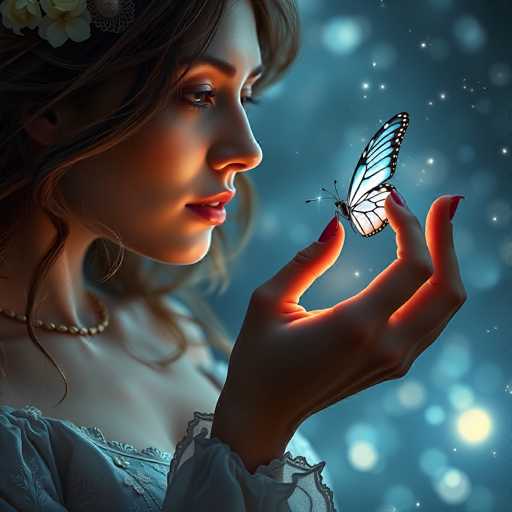 The image depicts a young woman in her early 20s, with long brown hair adorned with white flowers. She is wearing a light blue dress with intricate lace details and a gold necklace. The woman is positioned on the left side of the image, facing right, with her head slightly tilted down and her eyes gazing at a butterfly perched on her outstretched left hand. The butterfly, which has striking blue and black wings with white spots and a black body, is the focal point of the image. The background is a soft, blurred blue with white and yellow lights, creating a dreamy atmosphere. The woman's nails are painted red, adding a touch of color to the serene and enchanting scene.