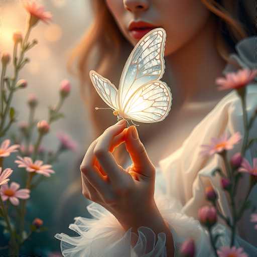 The image depicts a young woman with long, wavy reddish-brown hair, dressed in a white, lacy dress with puffy sleeves. She is holding a glowing white butterfly delicately on her fingertips, which are adorned with pink nail polish. The butterfly, illuminated from within, has intricate gold and white wings with a slight blue tint at the top. Surrounding her are vibrant pink flowers with green stems, some of which are in sharp focus while others fade into the background. The scene is bathed in sunlight, creating a warm, ethereal glow that enhances the dreamlike quality of the image.