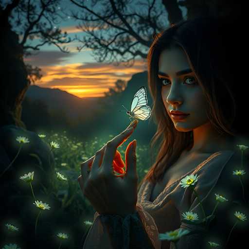 In this captivating image, a young woman with long brown hair and striking blue eyes stands in a lush field of daisies, bathed in the soft light of either sunrise or sunset. She is dressed in a flowing, sheer white gown that complements the ethereal atmosphere. Her right hand is raised, delicately holding a glowing white butterfly on her index finger. The butterfly, with its translucent wings and black body, appears almost ethereal, as if it might disappear at any moment. The background features a serene landscape with distant mountains and a sky painted in hues of blue, orange, and yellow, adding to the dreamlike quality of the scene. The woman's face is turned towards the camera, her expression serene and contemplative, as she gazes directly into the lens. The overall composition, with its soft focus and glowing elements, evokes a sense of tranquility and wonder.