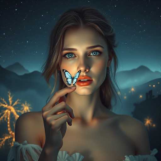 The image is a detailed, computer-generated illustration of a young woman with light brown hair, styled in a half ponytail with the rest cascading down her shoulders. She has striking blue eyes and is wearing red lipstick. Her attire consists of a white, off-the-shoulder dress with puffy sleeves that tie around her upper arms. The woman is holding a blue and black butterfly delicately between her thumb and forefinger, with the butterfly's wings open and its body resting on her cheek. The background features a dark, starry night sky with a gradient from deep blue to lighter hues near the horizon. Below the sky, there are silhouettes of mountains and a cityscape with illuminated buildings. On the left side of the image, a palm tree stands out, glowing with golden lights, while another palm tree is visible on the right. The overall scene is serene and enchanting, blending natural and urban elements under a starry sky.