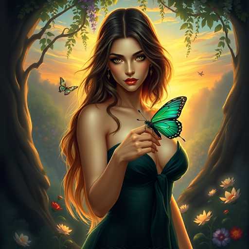 The image depicts a computer-generated, AI-generated artwork of a young woman with long, wavy brown hair that transitions to a lighter brown at the ends. She has striking yellow eyes, red lips, and is adorned with dangling earrings. The woman is wearing a dark green, low-cut dress that ties at the front, revealing her cleavage. She is holding a large, green butterfly with black-tipped wings and white spots on its wings in her left hand, which is extended towards the viewer. The background features a serene, yellowish-orange sky with clouds, framed by two large trees on either side. The trees have branches extending towards the center, adorned with purple flowers and green leaves. Below the trees, there are white flowers and a red bird perched on a branch. The overall scene is set in a lush, forested area, creating a picturesque and enchanting atmosphere.