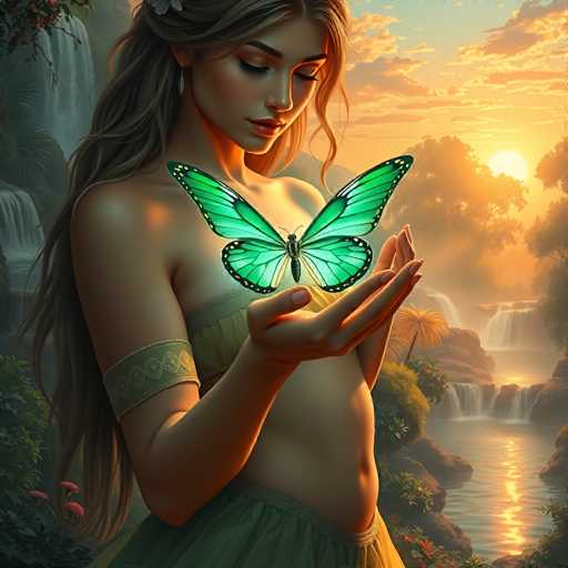 This digital artwork depicts a young woman with long, flowing brown hair adorned with a delicate white flower. She is dressed in a green outfit that includes a tube top and a skirt, complemented by a green band around her upper arm. Her nails are painted a soft pink, and she gazes downward with a serene expression. In her hands, she holds a strikingly large green butterfly, its wings adorned with intricate black patterns and dotted lines. The butterfly's body is black, and its wings are spread wide, showcasing its beauty. The background features a picturesque landscape with cascading waterfalls, lush greenery, and a sky painted in warm hues of orange and yellow, suggesting either a sunrise or sunset. The scene is framed by trees and bushes, adding to the natural beauty of the setting.