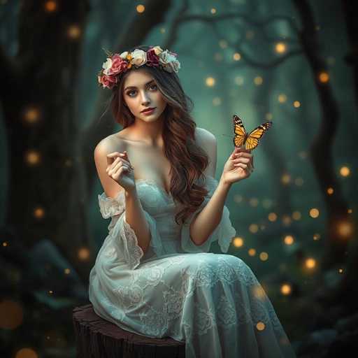 In this enchanting, AI-generated image, a young woman with long, wavy brown hair adorned with a crown of vibrant pink and white flowers sits gracefully on a dark brown tree stump. Her dress, a delicate blend of white and light blue, features intricate floral patterns and lace details, perfectly complementing her ethereal appearance. The woman's right hand is raised, with her index finger and thumb gently curled, while her left hand cradles a striking monarch butterfly. The butterfly, with its orange wings bordered in black and white, rests delicately on her left index finger. The background is a dreamy blur of dark green and black hues, dotted with glowing orange lights that resemble fireflies, adding to the mystical atmosphere of the scene.