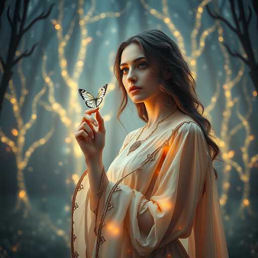 In this captivating image, a woman stands gracefully in a forest, her long, wavy brown hair cascading down her back. She is adorned in a flowing white gown embellished with intricate gold embroidery, which shimmers as if illuminated by an inner light. The dress features a delicate gold chain draped over her shoulder, adding to her ethereal appearance. Her striking blue eyes and full lips are accentuated by her poised demeanor as she gazes to the left. With her right hand raised, she delicately holds a butterfly with black-tipped wings, which appears to glow softly. The background is a mystical forest, where bare trees adorned with twinkling lights create a magical ambiance. The scene is bathed in a soft, bluish light, enhancing the enchanting atmosphere.