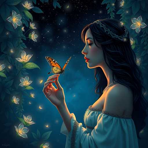 A woman with long dark hair is holding a butterfly aloft in front of her face, with the butterfly's wings spread wide as it hovers near her nose. The background features white flowers and leaves against a deep blue sky dotted with stars.