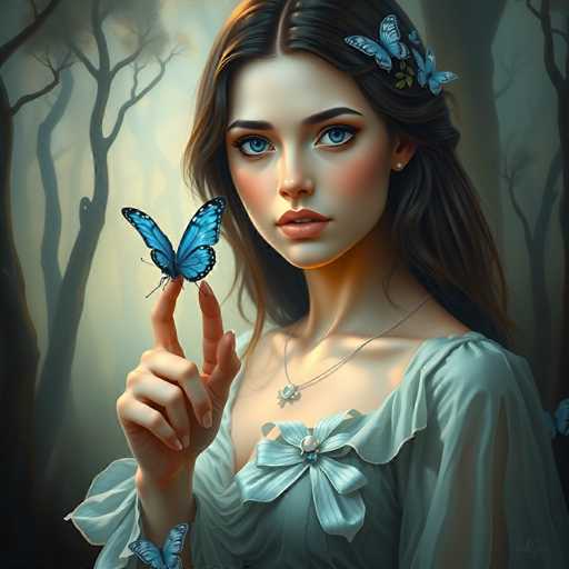 This image is a detailed, computer-generated illustration of a young woman in her early 20s, set in a dark, foggy forest. She has long, dark brown hair adorned with blue butterflies and flowers, and her striking blue eyes are accentuated by her pink lips and blush. She is wearing a light blue, off-the-shoulder dress with a large flower brooch on the front, and a thin silver necklace with a small pendant. Her right hand is raised, with her index finger extended, upon which a blue butterfly with black-tipped wings rests. The background features tall, leafless trees, adding to the eerie atmosphere of the scene.