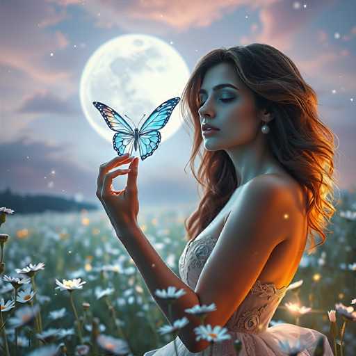In this captivating image, a woman with long, wavy brown hair adorned with pearl earrings sits gracefully in a field of white daisies. She is wearing a sleeveless, lacy white dress that complements the serene setting. Her eyes are closed, and her lips are slightly parted, giving her a peaceful expression. She holds her right hand up, gently touching the wing of a large, blue butterfly that hovers just above her fingertips. The butterfly's wings are intricately patterned with black and orange, and its delicate antennae are clearly visible. The scene is set under a night sky, illuminated by a full moon that casts a soft glow over the landscape. The sky is a blend of blue and purple hues, with wispy clouds adding to the ethereal atmosphere. In the distance, a faint outline of a mountain range can be seen, enhancing the dreamlike quality of the image. The overall composition exudes tranquility and a touch of magic, making it a truly enchanting visual.