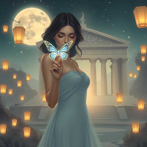 The image depicts a young woman with long, dark hair, dressed in a light blue, sleeveless dress that reveals her shoulders and chest. She is holding a large, light blue butterfly with black-tipped wings delicately between her thumb and forefinger, her eyes closed in a serene expression. The scene is set at night under a dark blue sky, illuminated by a full moon that casts a soft glow over the landscape. Surrounding her are numerous yellow lanterns, some hanging from trees and others floating in the air, creating a magical ambiance. In the background, there is a grand, white marble building with columns, reminiscent of a Greek temple, and a statue atop it. The setting is further enhanced by the presence of mountains and additional lanterns scattered around, adding to the enchanting atmosphere.