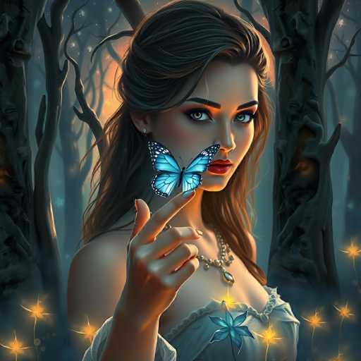 This digital illustration depicts a young woman with long, dark brown hair, styled in a half-up, half-down manner with the top half pulled back. She has striking green eyes, dark eyebrows, and red lips, and she is adorned with a pearl necklace and a white dress featuring a blue flower on the chest. The woman is holding a blue butterfly with black and white speckles on its wings on her extended index finger. She stands in a dark, eerie forest with bare, gnarled trees, some of which have faces carved into them. The background is a mix of dark blue and gray hues, illuminated by a yellowish-orange light that casts an otherworldly glow on the scene. Yellow flowers and glowing stars are scattered throughout the forest, adding to the mystical atmosphere. The woman is looking directly at the viewer, creating a sense of connection amidst the haunting surroundings.