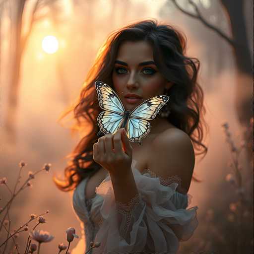 In this captivating image, a woman stands gracefully in a misty forest, bathed in the soft light of either sunrise or sunset. She is adorned in a stunning white dress with intricate lace detailing, featuring a deep neckline that accentuates her elegant figure. Her long, flowing hair cascades down her back, complementing her striking blue eyes and full lips. The woman's pose is serene and captivating, as she gazes directly at the camera while holding a delicate butterfly in her right hand. The butterfly, with its light blue and black wings, rests gently on her fingers, adding a touch of ethereal beauty to the scene. The background is a dreamy blur of trees and foliage, with the sun casting a warm glow from the top left corner, enhancing the magical atmosphere of the moment.