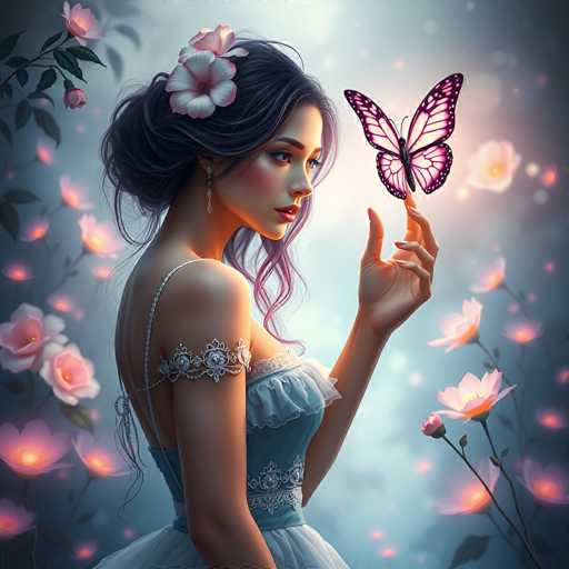 The image depicts a young woman, possibly in her late teens or early twenties, with long, dark hair styled in an updo with loose strands framing her face. She is wearing a light blue, lacy dress with a low back and thin straps, adorned with a white flower in her hair. Her makeup is subtle, featuring light pink lipstick and blush, and she has a dangling earring visible. The woman is holding her left hand up, with her index finger extended, as a purple butterfly with white accents and black spots hovers just above it. Surrounding her are numerous pink flowers, some with yellow centers, and the background features a gradient of light to dark blue, with a bright light source behind her. The overall scene is serene and ethereal, with the woman gazing at the butterfly in a moment of quiet contemplation.