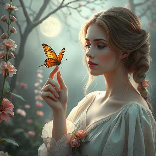 This AI-generated image depicts a young woman with blonde hair styled in a braid that drapes over her shoulder. She is wearing a white dress adorned with roses and has her hand raised, delicately holding a monarch butterfly. The butterfly, characterized by its orange wings with black veins and white spots, appears to be perched on her finger. The woman is gazing at the butterfly with a serene expression. The background features a nighttime scene with a full moon, a tree, and a tall stalk of pink flowers on the left side. The overall composition is detailed and realistic, capturing the delicate interaction between the woman and the butterfly.