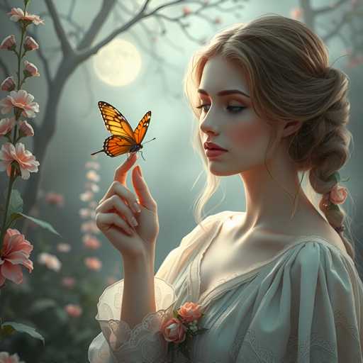 A woman with blonde hair is holding a butterfly on her finger in front of a full moon and surrounded by pink flowers.