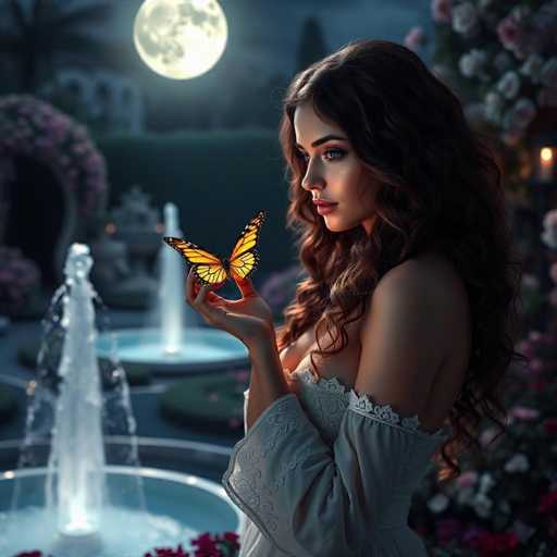 In this AI-generated image, a young woman with long, wavy brown hair and striking blue eyes stands in a lush garden at night. She is wearing a white, lacy dress that is cut off at the shoulders, revealing her bare arms and chest. The dress features intricate lace details around the neckline and sleeves. The woman is holding a large, vivid monarch butterfly with orange and black wings in her right hand, which is extended towards the center of the image. Her head is turned to the left, gazing intently at the butterfly. The background is a dreamy blur of greenery, featuring a series of three fountains with water spouting from them, and a large bush adorned with pink and white flowers. A full moon illuminates the scene from the top left corner, casting a soft glow over the entire setting.