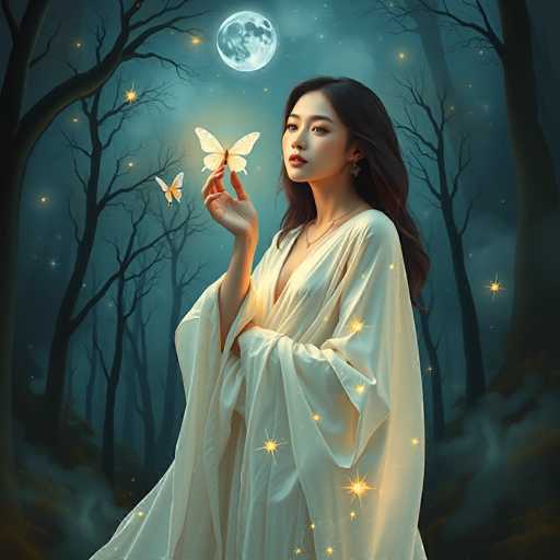 In this captivating nighttime scene, a young Asian woman stands gracefully in a dark, foggy forest. She is adorned in a flowing white gown that drapes elegantly over her shoulders and down to her feet, complemented by a delicate necklace. Her long, dark hair cascades down her back, framing her serene face as she gazes slightly to the left. With her right hand raised, she gently holds a large white butterfly, while another smaller white butterfly flutters nearby. The background is a mesmerizing tapestry of bare trees silhouetted against a deep blue sky, illuminated by the soft glow of a full moon. Scattered throughout the scene are numerous yellow stars, adding a touch of magic to the ethereal atmosphere. The overall composition exudes a sense of tranquility and enchantment, capturing a moment of ethereal beauty.