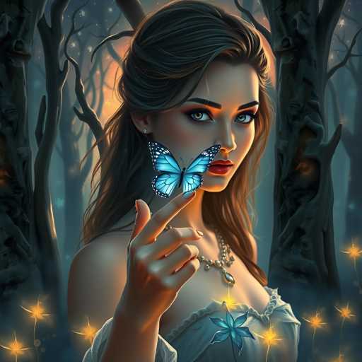 A woman with long brown hair is holding a blue butterfly on her finger in front of a forest filled with trees and glowing yellow flowers.