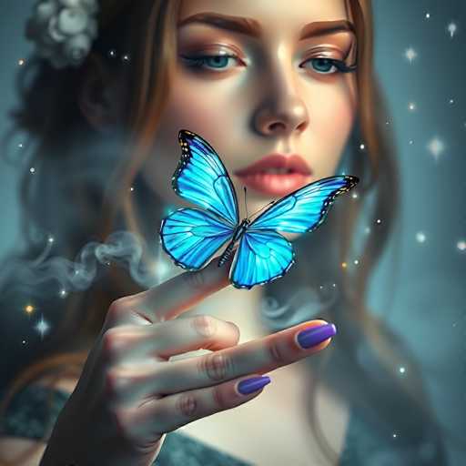 This captivating image portrays a young woman with long, wavy brown hair adorned with a white flower. She has striking blue eyes, accentuated by long eyelashes and a touch of makeup. Her lips are a soft pink, and she is holding her right hand in front of her face, with her index finger extended. Perched delicately on her finger is a beautiful blue butterfly, its wings outlined in black and adorned with tiny white dots. The butterfly's body is black, and its delicate antennae are clearly visible. A gentle wisp of smoke or mist emanates from the butterfly, adding a mystical touch to the scene. The background is a serene blue, dotted with white stars, enhancing the dreamlike quality of the image. The overall composition is both enchanting and ethereal, capturing a moment of pure beauty and tranquility.