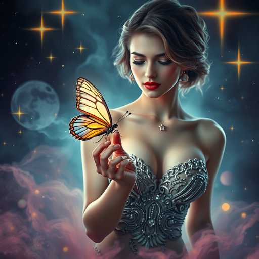 A woman with brown hair and red lipstick is holding a butterfly on her outstretched hand against the backdrop of a starry night sky filled with twinkling stars.