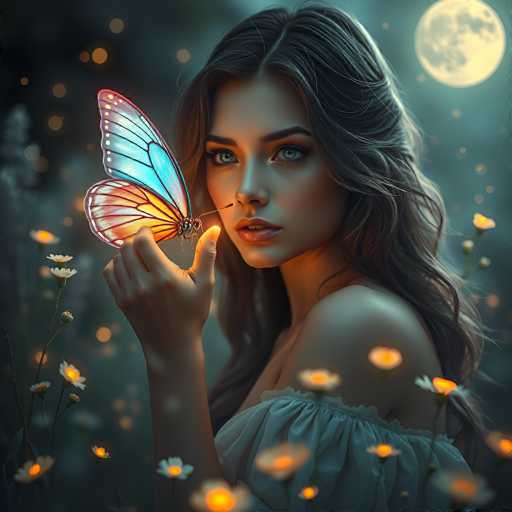 This image is a detailed, computer-generated artwork of a young woman with long, wavy brown hair and striking blue eyes. She is wearing a light blue, off-the-shoulder dress that reveals her bare shoulders and upper chest. The woman is holding a large, vibrant butterfly with blue and orange wings delicately between her thumb and forefinger, near her lips. The butterfly's body is orange, and its wings are adorned with white dots and a glowing orange light. The background features a dark, night sky with a full moon in the upper right corner, casting a soft glow over the scene. Surrounding the woman are numerous glowing flowers, including white daisies with yellow centers and other yellow blooms, adding to the ethereal and magical atmosphere of the image.