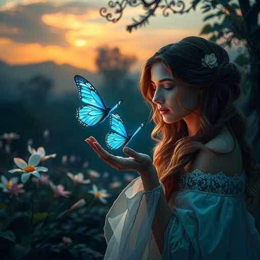 A woman with long brown hair is holding a blue butterfly in her hand and looking at it with awe. The background features a garden filled with white flowers and trees under a sunset sky.