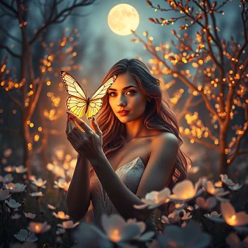 In this captivating nighttime scene, a young woman with long, wavy brown hair stands in a lush, illuminated forest. She is wearing a strapless white dress that complements her fair complexion. Her hands are gently cupped in front of her chest, holding a large, yellow butterfly with black-tipped wings. The butterfly's wings are spread wide, adding a touch of magic to the serene moment. The woman gazes directly at the camera with a calm, serene expression. Surrounding her are trees adorned with glowing yellow lights, creating a mystical ambiance. The ground is covered with white flowers that also emit a soft yellow glow, enhancing the enchanting atmosphere. Above her, a full moon casts a gentle light, completing this ethereal and dreamlike image.