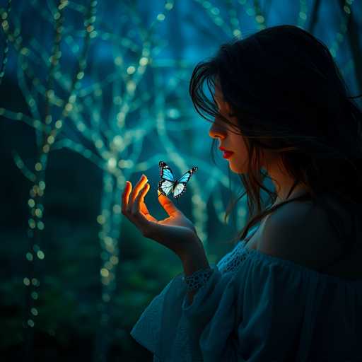 In this captivating image, a woman stands in a serene forest, her profile illuminated by the soft glow of a butterfly perched delicately on her outstretched palm. She is adorned in a flowing, off-the-shoulder white dress that complements her long, dark hair and striking red lipstick. The butterfly, with its light blue wings accented by black edges and intricate patterns, adds a touch of ethereal beauty to the scene. The background is a blur of tall, leafless trees, their branches adorned with twinkling lights that create a magical, almost dreamlike atmosphere. The woman's eyes are closed, and she gazes downward, her expression one of quiet contemplation and wonder as she holds the butterfly. The overall composition, with its soft focus on the background and sharp detail on the woman and butterfly, evokes a sense of tranquility and enchantment.